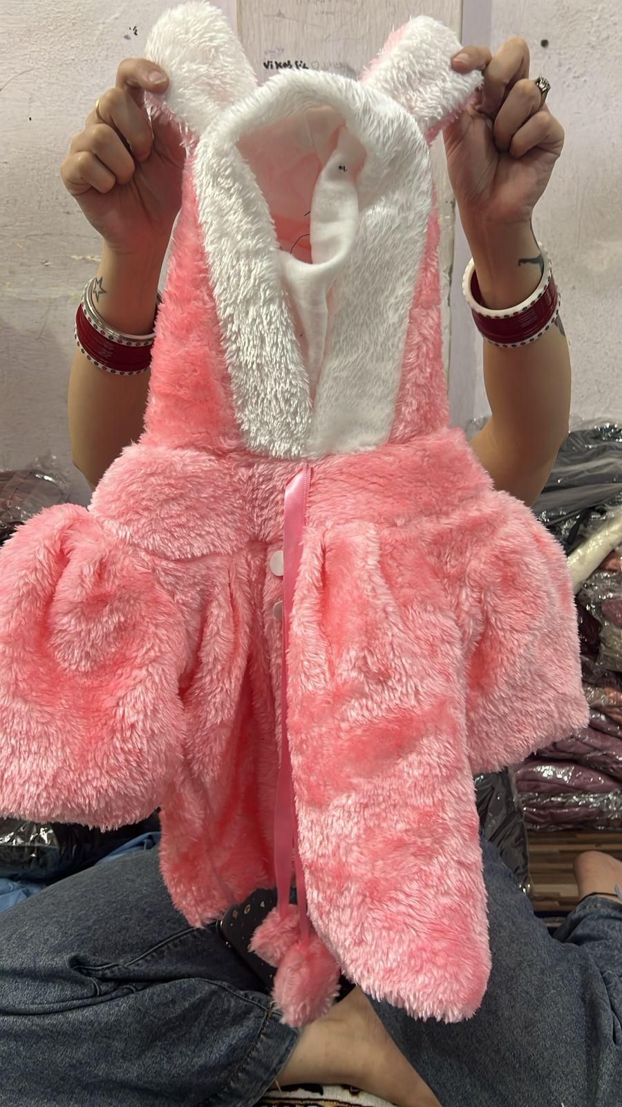 Baby Girls Thicker Woolen Coat with Hood – Pink Rabbit Design (1–5 Years)