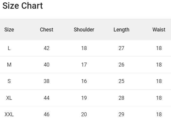 Size chart for clothing with measurements in chest, shoulder, length, and waist.