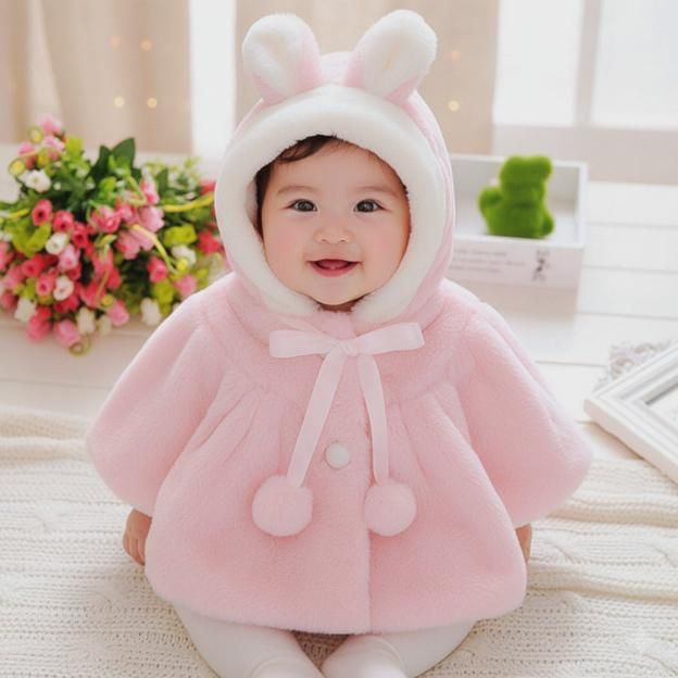 Baby Girls Thicker Woolen Coat with Hood – Pink Rabbit Design (1–5 Years)