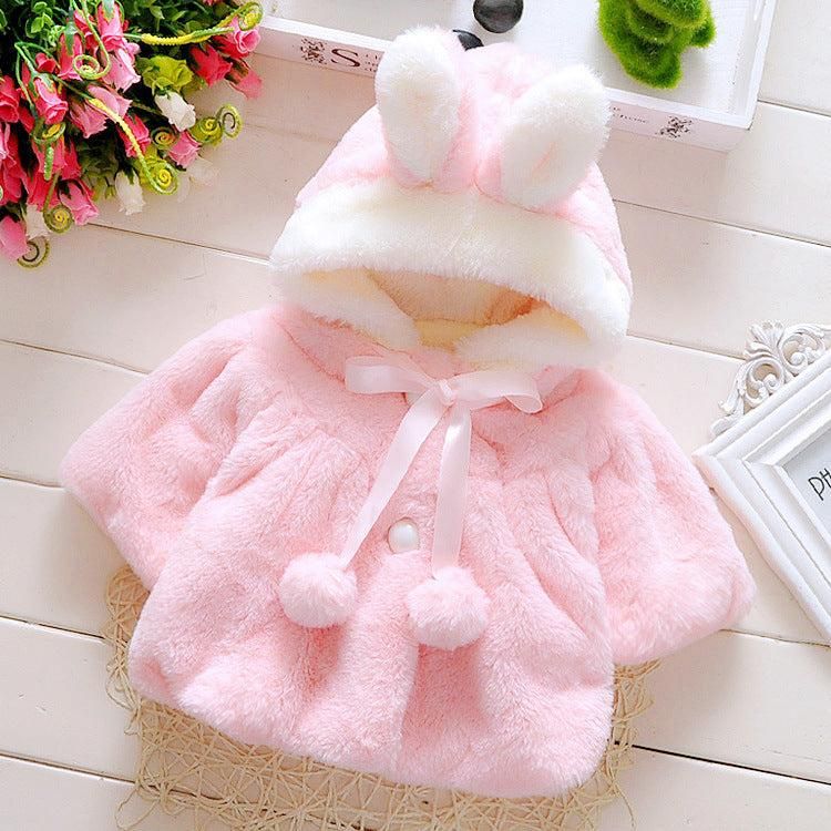 Baby Girls Thicker Woolen Coat with Hood – Pink Rabbit Design (1–5 Years)
