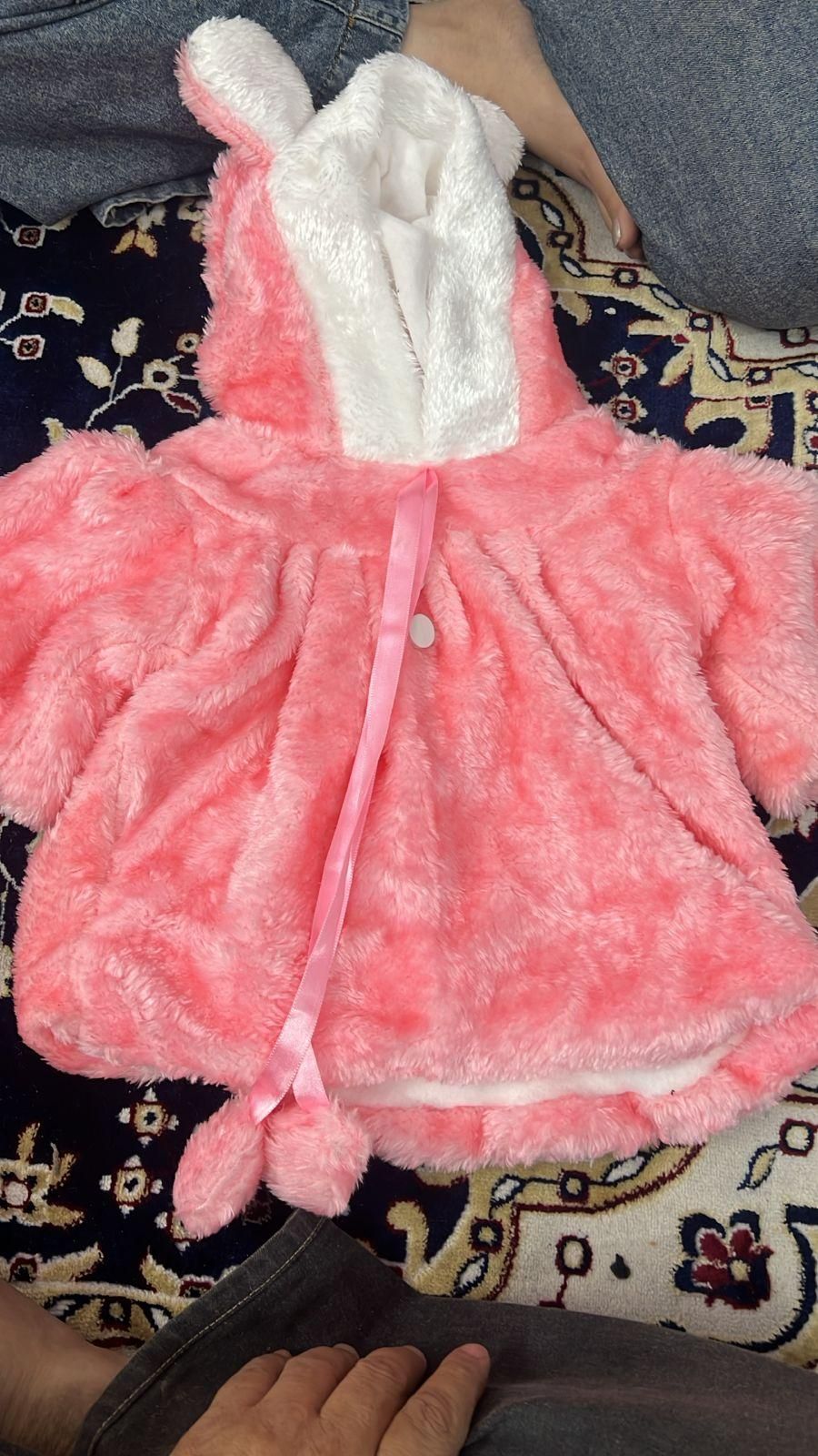 Baby Girls Thicker Woolen Coat with Hood – Pink Rabbit Design (1–5 Years)