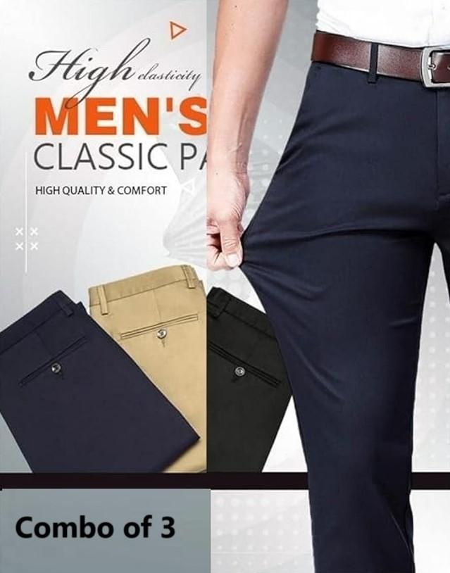 High Elasticity Men’s Classic Pants – Pack of 3 | Comfortable Cotton Regular Fit Casual Pants