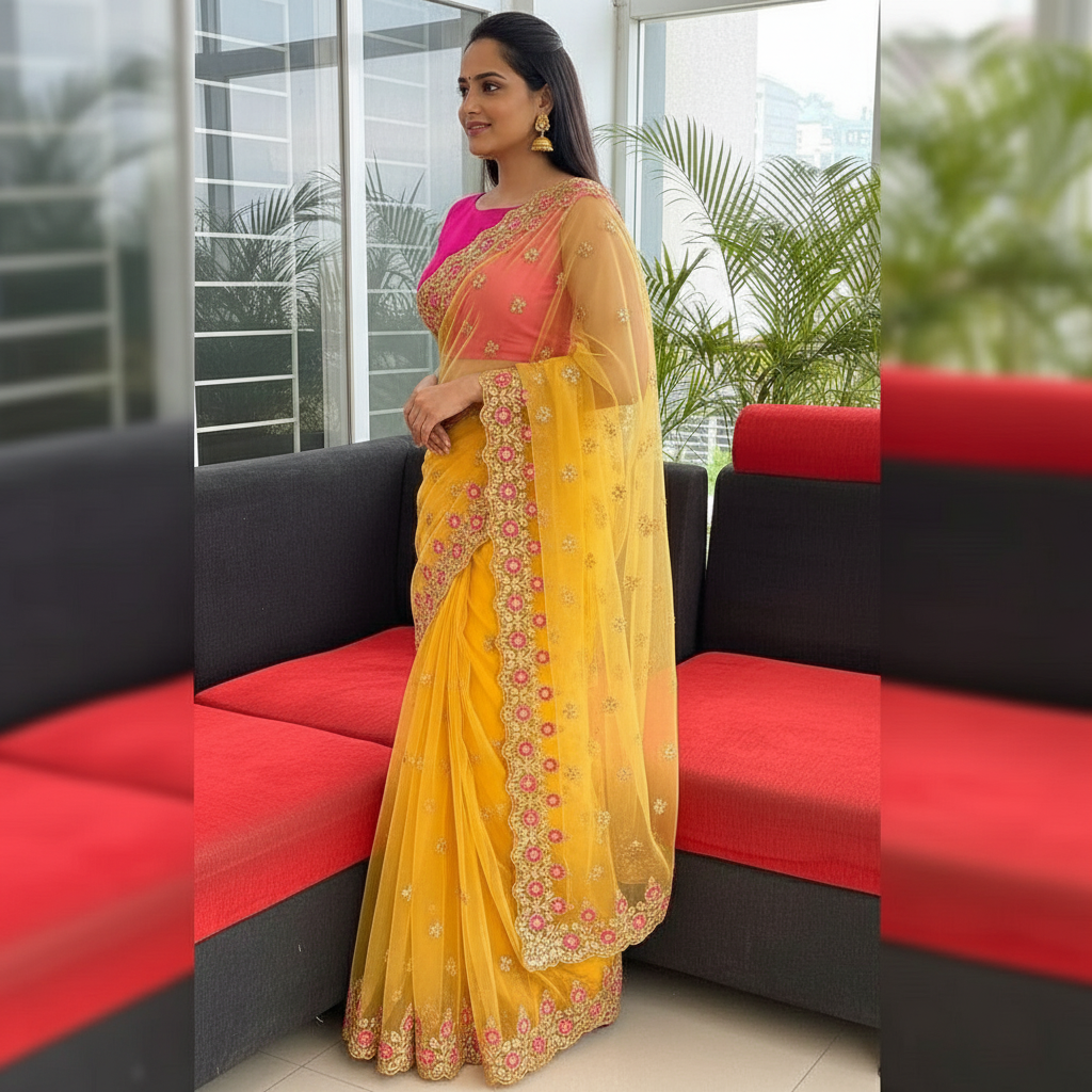 Special Net Saree with Exquisite Embroidered Work – Elegant Party Wear Saree