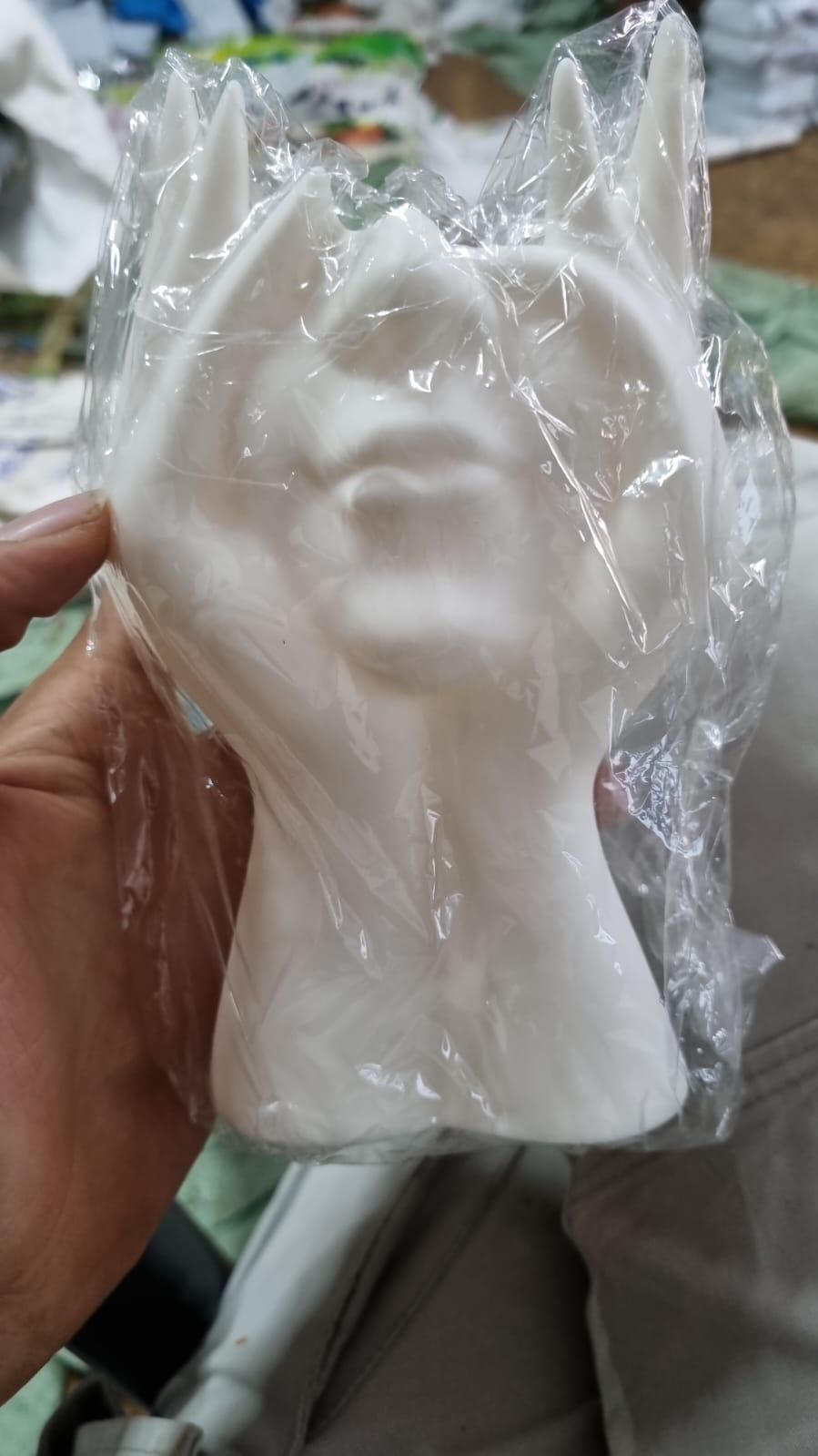 White ceramic head mold in clear plastic wrap held by a hand.