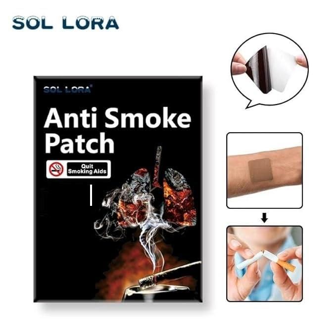 SOL LORA Anti Smoke Patch packaging with smoking imagery and quit smoking aids text.