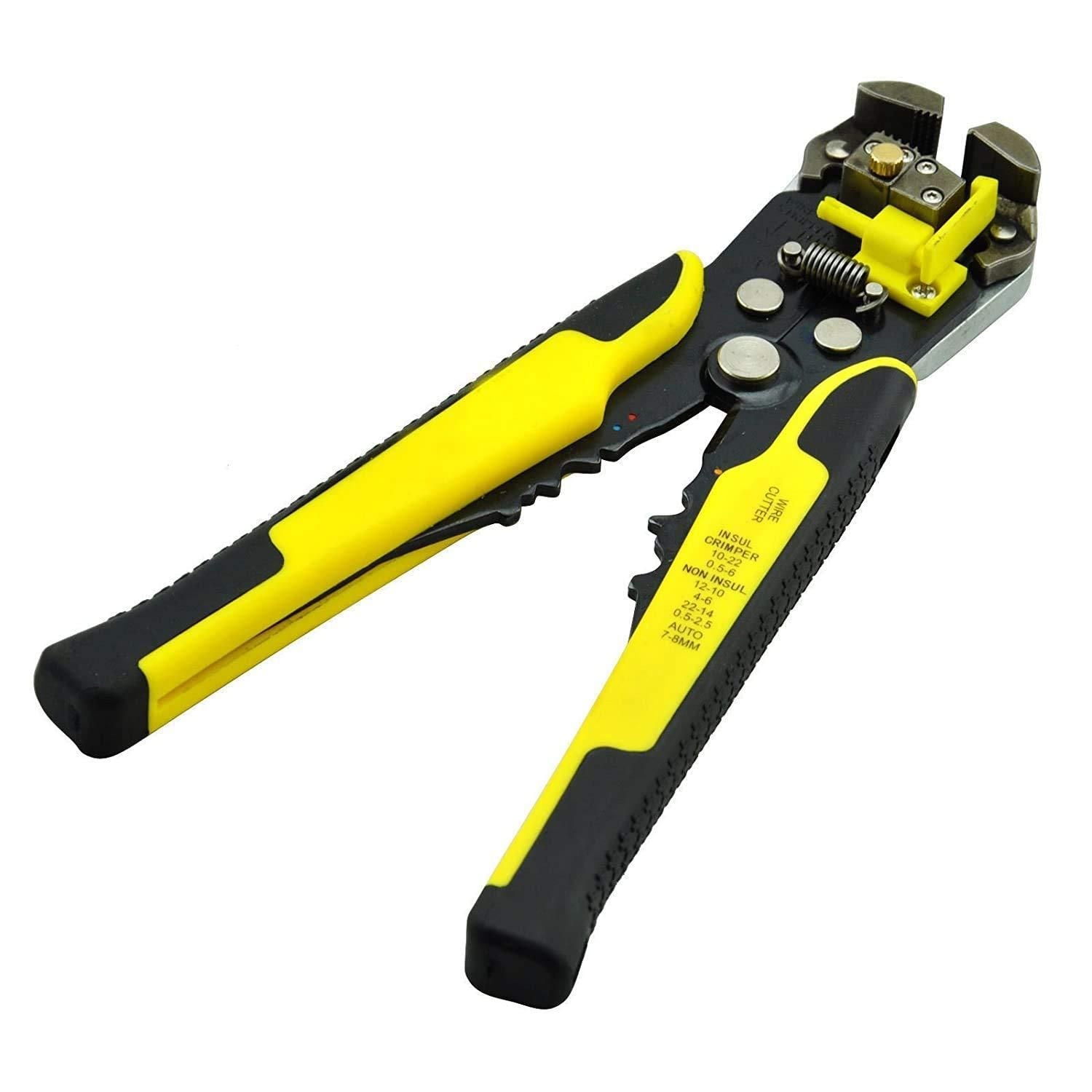 Pair of yellow and black wire stripping pliers on a white background
