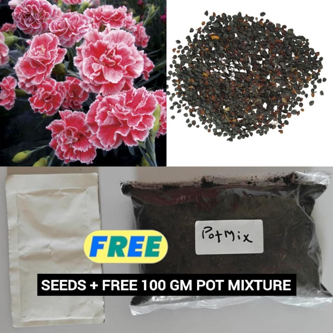 Collage of pink flowers, seeds, and potting mix with promotional text.