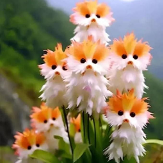 Fluffy white and orange cat-like creatures with greenery in the background
