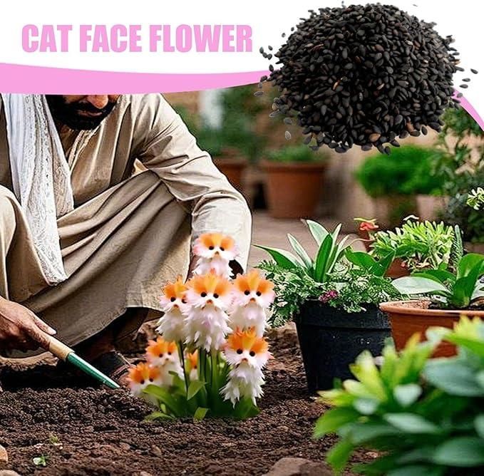 Person gardening with cat face flower and black ball-shaped plant in a garden setting.