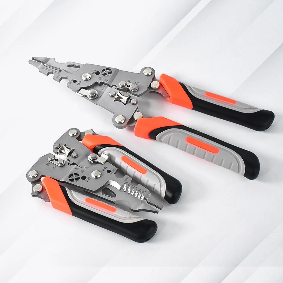 Multifunctional pliers with orange and black handles on a white background