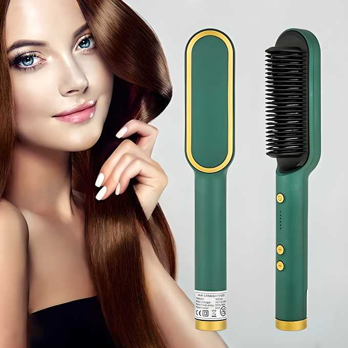 Woman with long hair next to a green hair styling tool on a light gray background