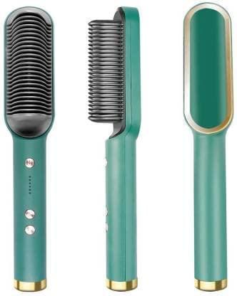 Set of three green hair styling tools including a comb and two brushes on a white background.