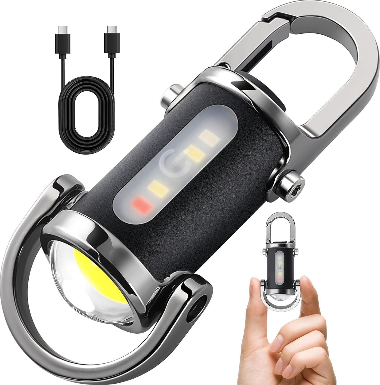 Keychain light with carabiner, hand holding it, and USB cable on a white background