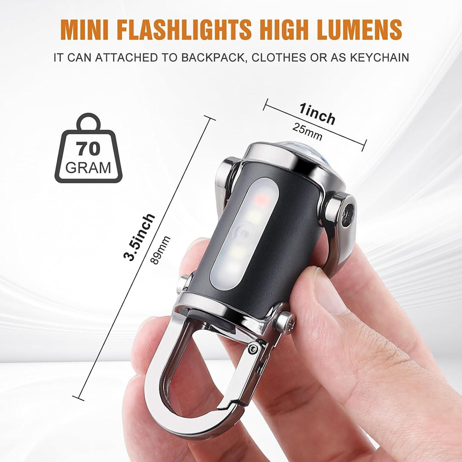 Mini flashlight with keychain attachment held in a hand, showing dimensions and weight.
