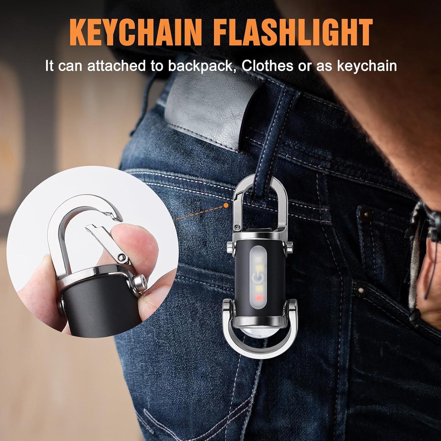 Keychain flashlight attached to a backpack with text on functionality