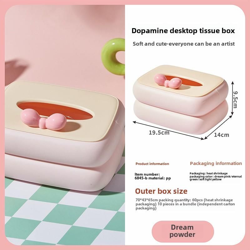 Dopamine desktop tissue box with dimensions and product details on a pink background
