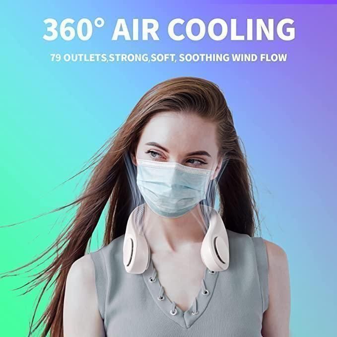 Woman wearing a face mask and visor with text about air cooling system on a gradient background