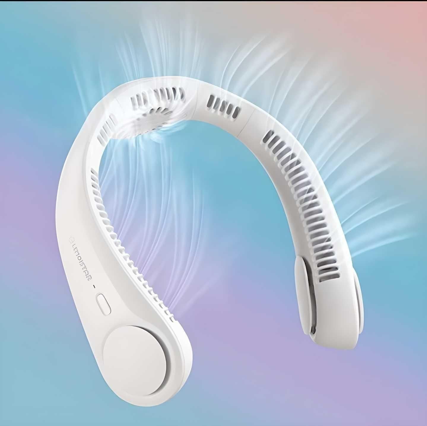 White neck fan on a colorful gradient background
