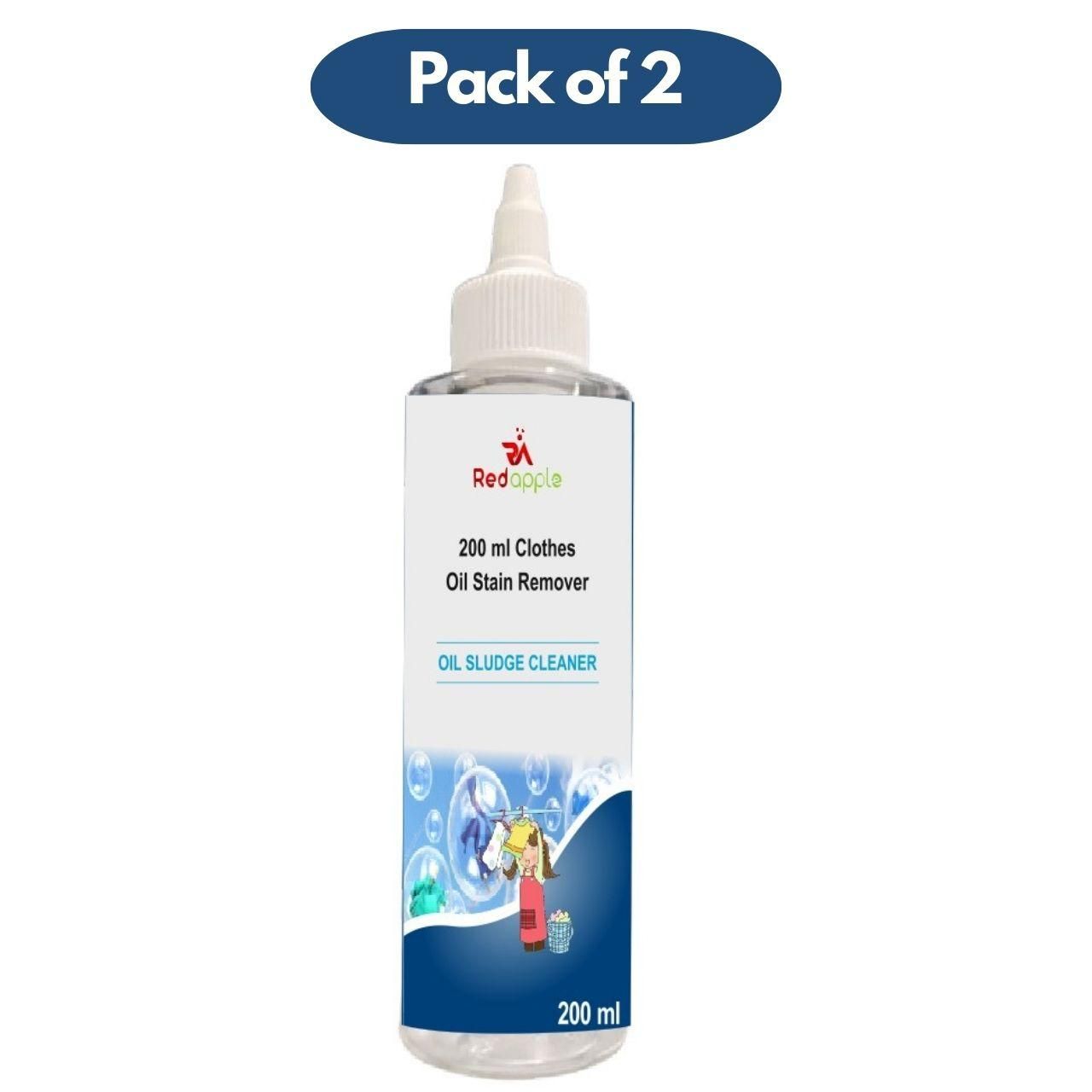 Pack of 2 clothes oil stain remover bottles with Red Apple logo on a white background