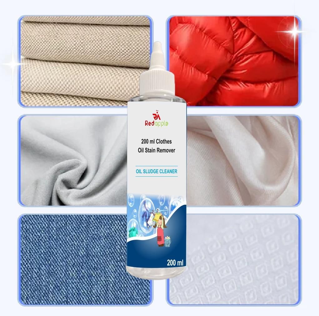 Bottle of oil stain remover with fabric types shown above it