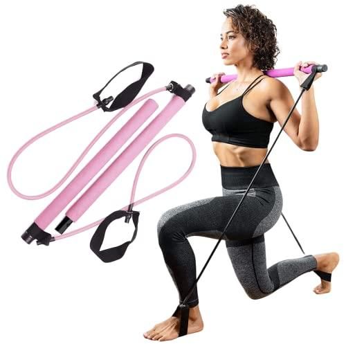 Woman exercising with resistance bands on a white background