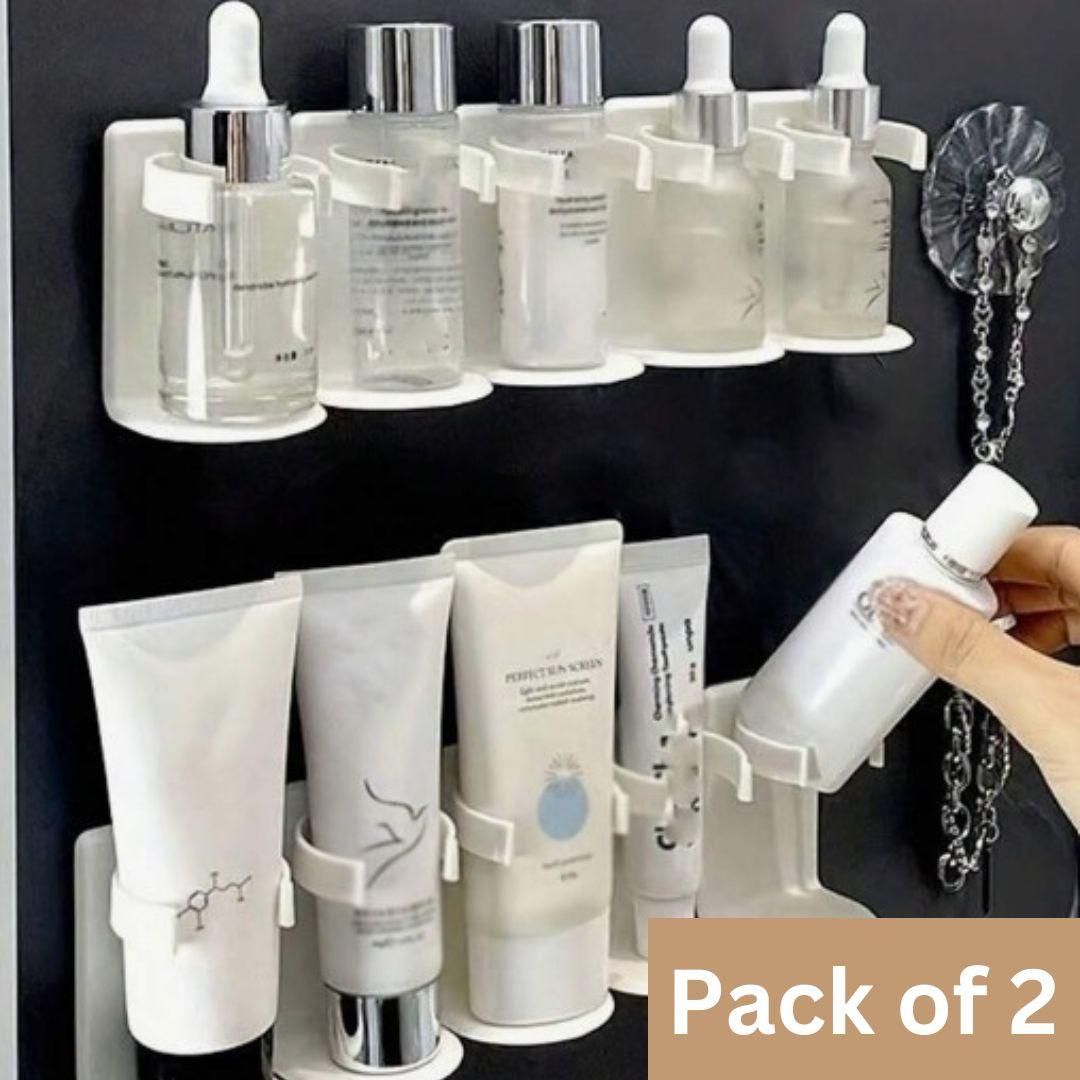 Cosmetic organizer with skincare products on a black background, labeled 'Pack of 2'.