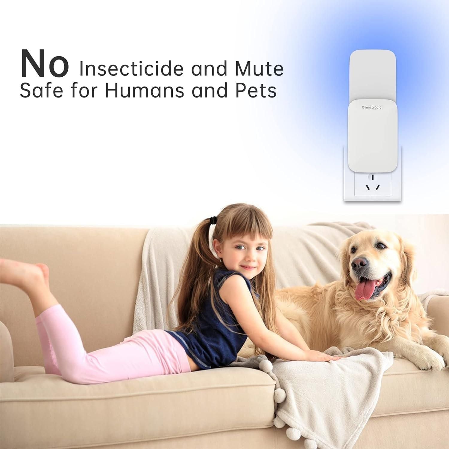 Child and dog on a couch with a wall-mounted device labeled 'No Insecticide and Mute Safe for Humans and Pets'.