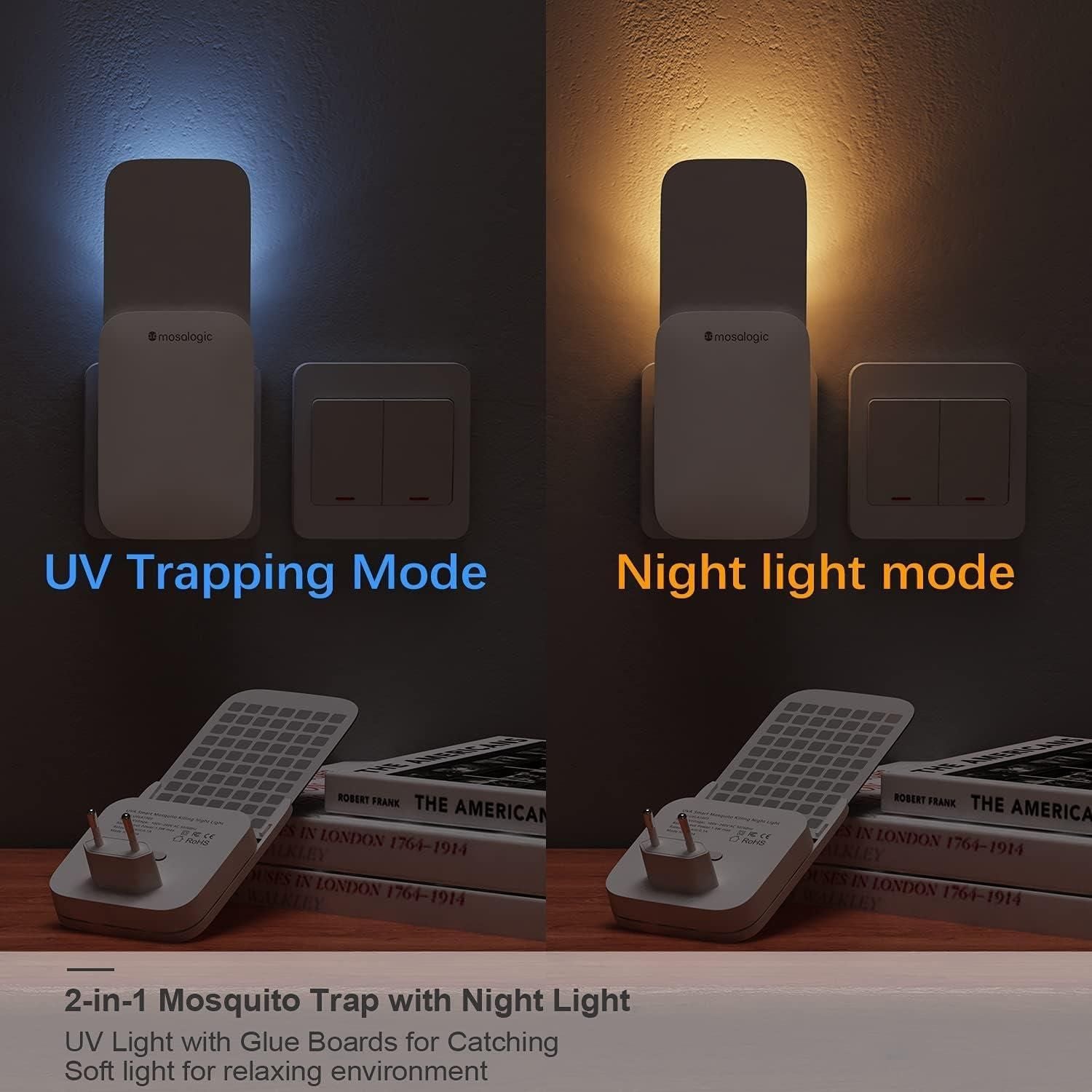 2-in-1 mosquito trap with night light in UV trapping and night light modes, on a dark background.