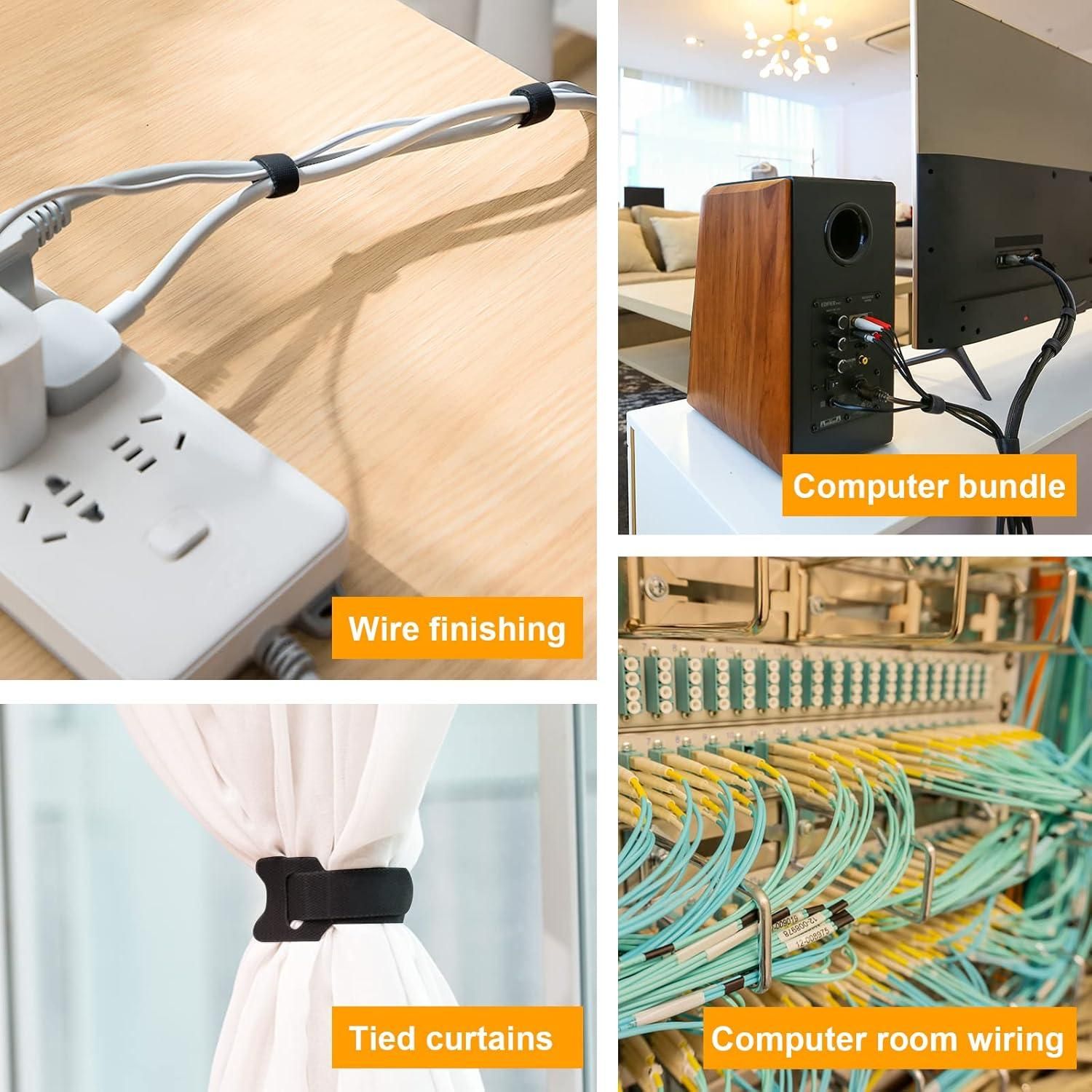 Collage of cable management products including wire finishing, computer bundle, tied curtains, and computer room wiring.