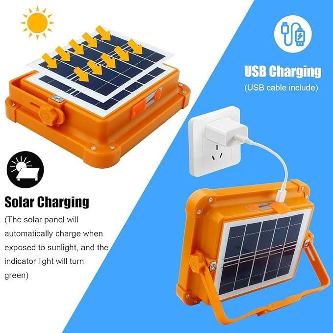 Orange solar panel with USB charging cable on a blue and white background