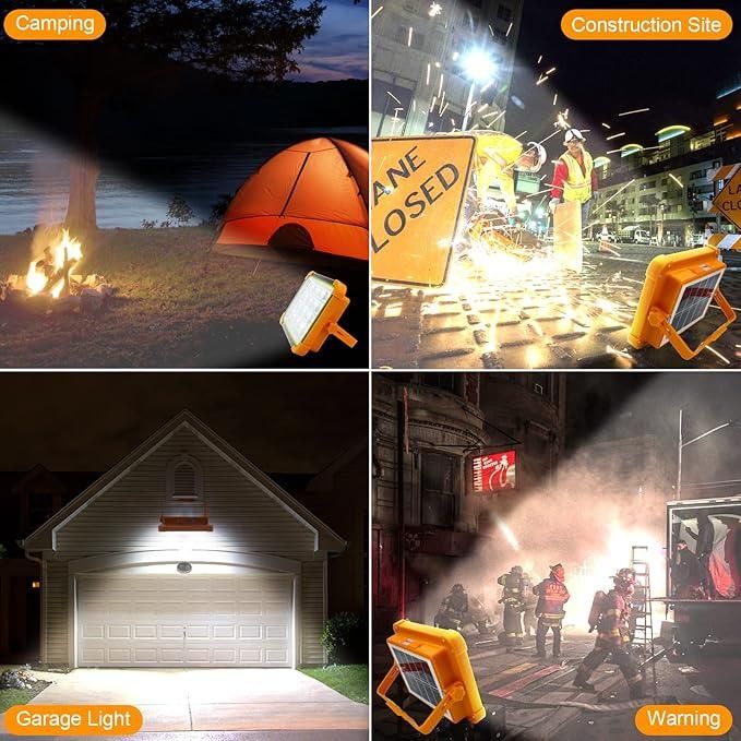 Collage of a portable light used in camping, construction site, garage, and warning situations.