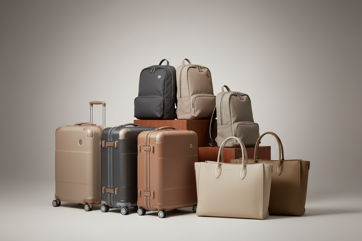 A modern collection of luggage, travel bags, backpacks, and tote bags 