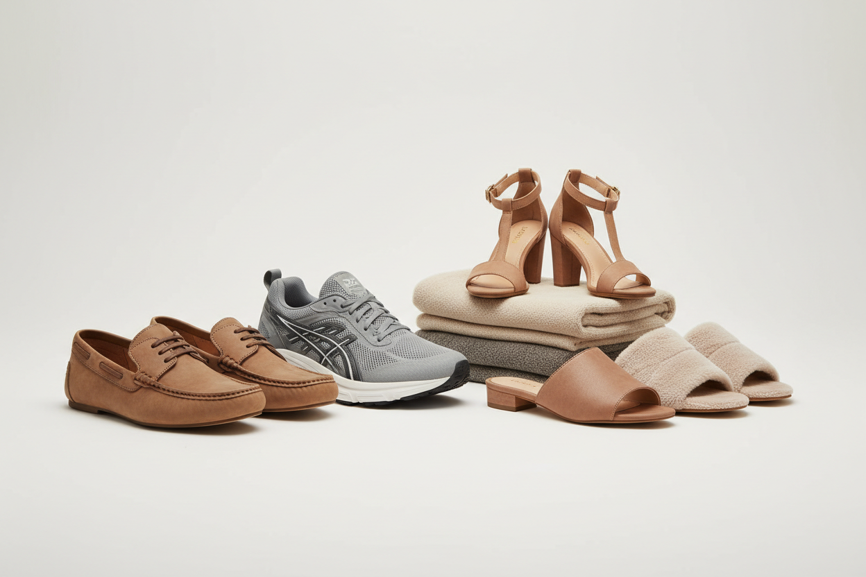 A modern collection of shoes, sandals, and slippers neatly arranged on a clean neutral background, including casual shoes, sports sneakers, open-toe sandals, and comfortable slippers, minimal and stylish composition, soft studio lighting, premium ecommerce photography, high resolution