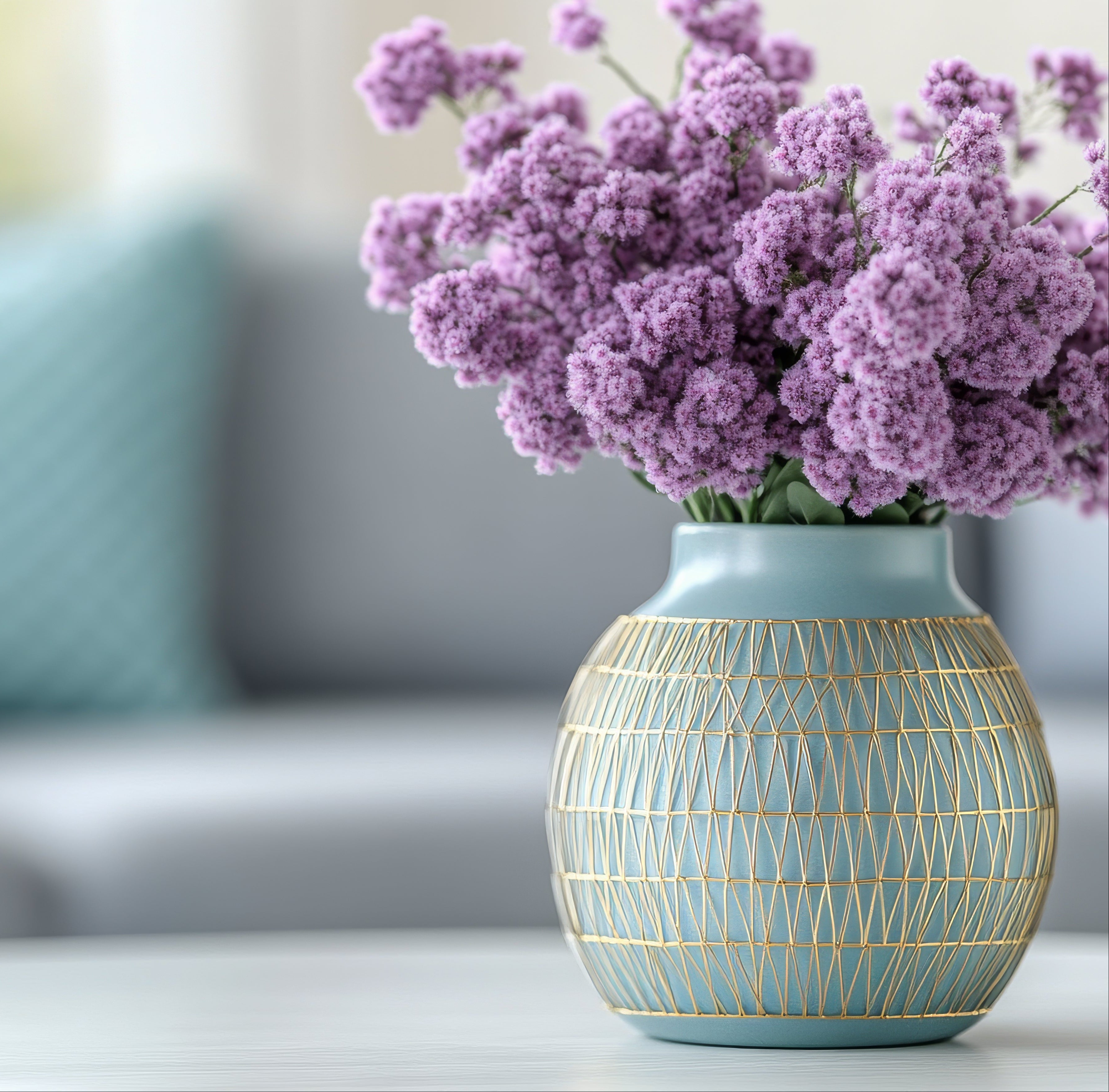 Vase with purple flowers on a table in a living room setting