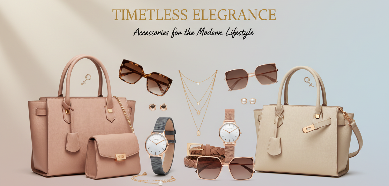 "Elegant fashion accessories banner featuring stylish handbags, sunglasses, watches, belts, and jewelry arranged aesthetically. Modern lifestyle background with soft lighting, neutral or pastel tones, premium and classy look, high-resolution, suitable for an online fashion accessories store homepage."