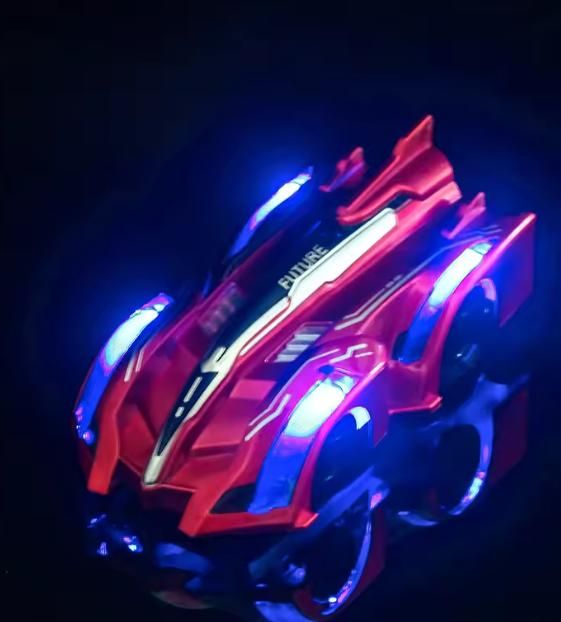 Toy car with glowing lights on a dark background