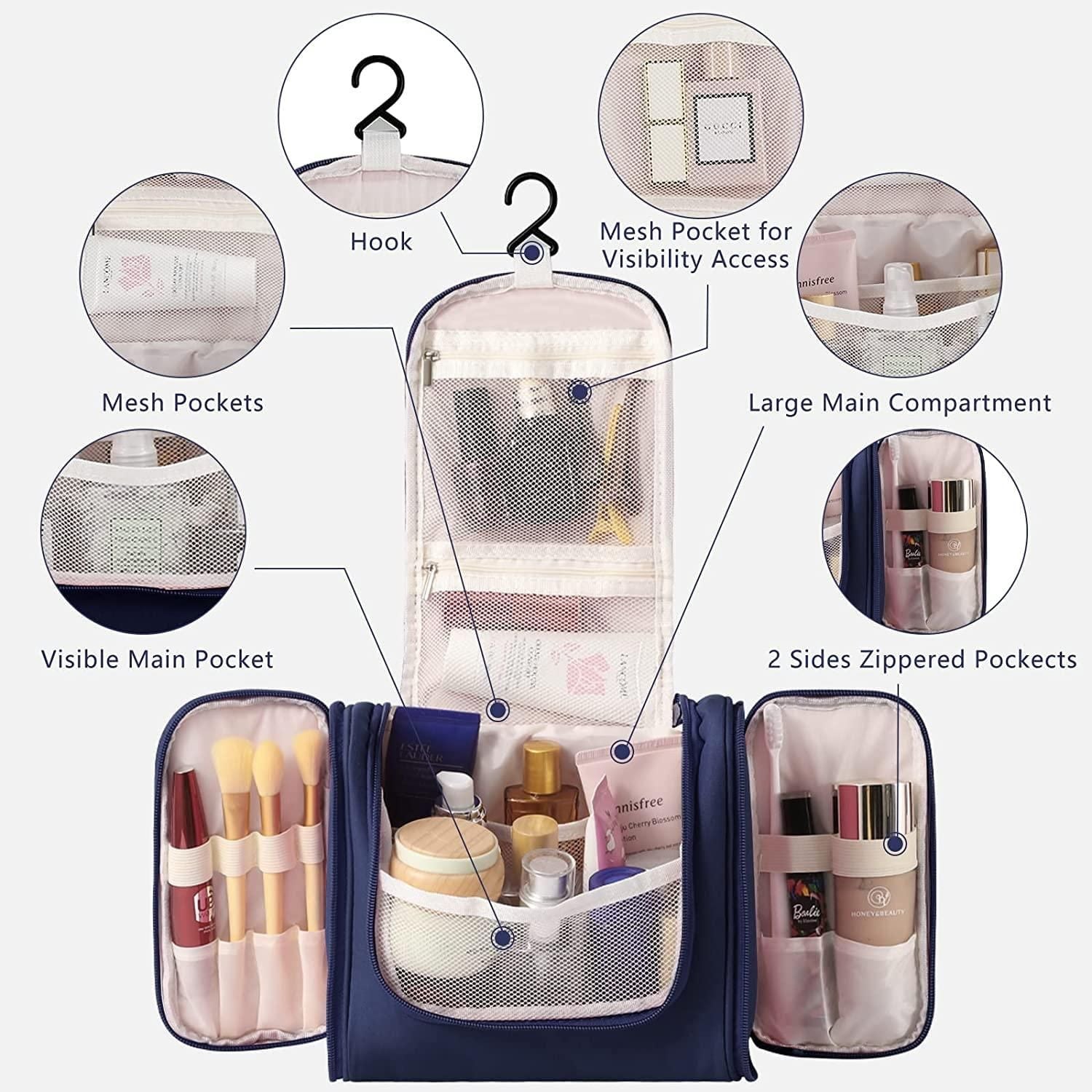 Travel toiletry organizer with multiple compartments and mesh pockets