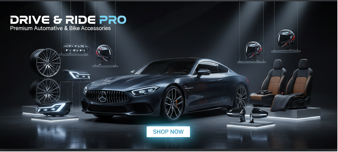 "Wide automotive store banner featuring a stylish modern car parked under dramatic studio lighting. Premium car and bike accessories like alloy wheels, LED headlights, seat covers, helmets, and mirrors subtly displayed around the vehicle. Dark gradient background with glossy reflections, modern and professional look, high-quality, perfect for an online car and bike accessories store homepage."