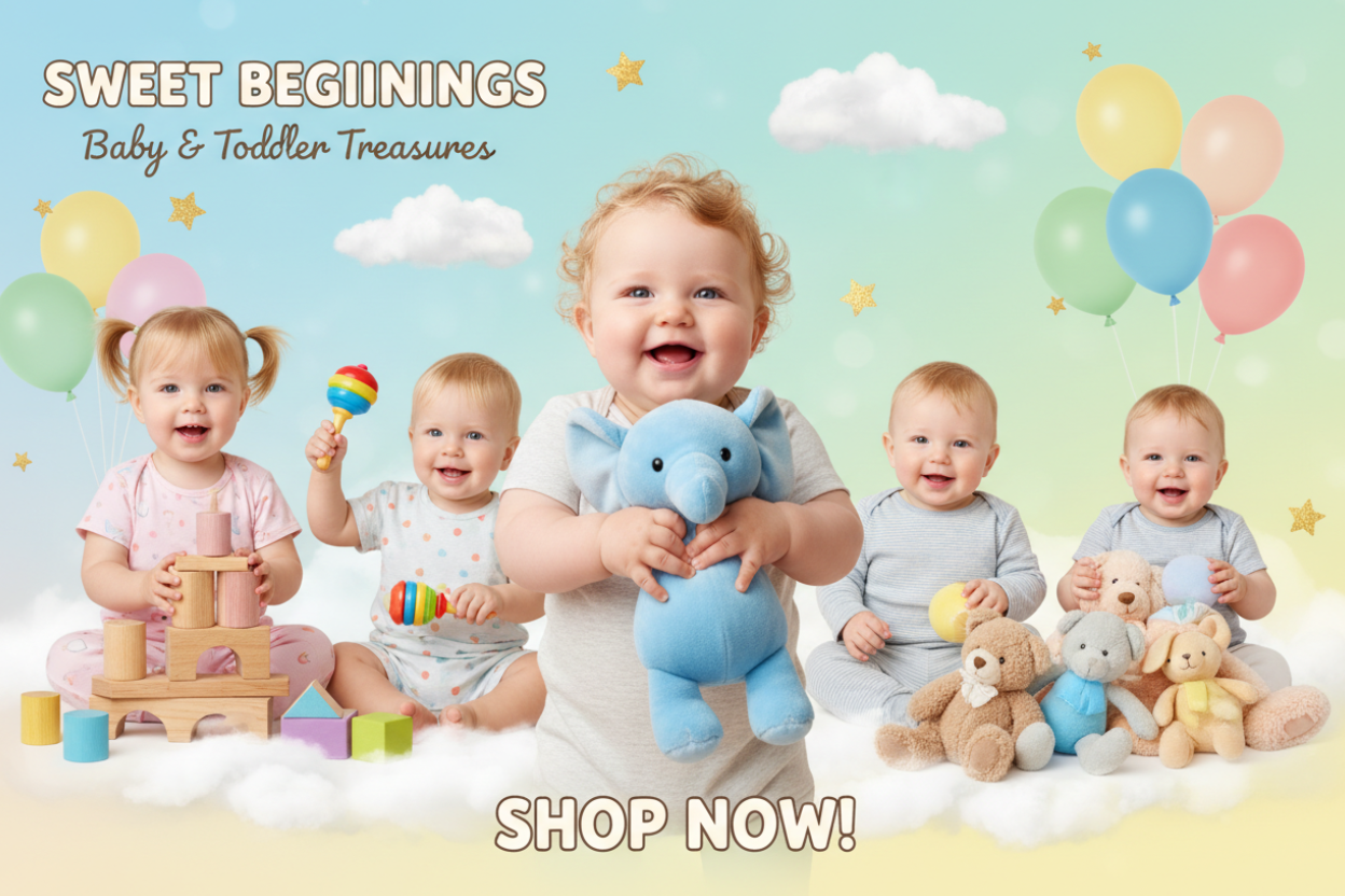 "Wide banner for a baby products store, featuring adorable babies and toddlers holding colorful toys like rattles, stuffed animals, and building blocks. Soft pastel background with playful elements like balloons, clouds, and stars. Smiling kids, warm and inviting atmosphere, high-quality, vibrant and cheerful, suitable for online shop homepage."